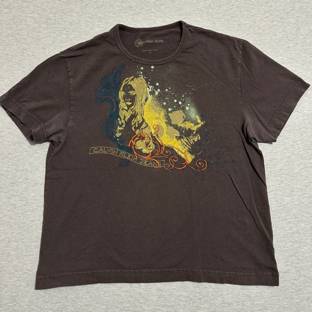 Y2K Calvin Klein Jeans Woman Skull Baroque Multicolor Graphic Tee Brown X-Large